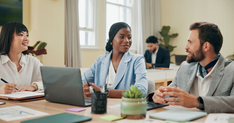 Laptop, discussion and business people in meeting, planning and collaboration for project. Employees, coworking or group in office, support and research for sales growth, ideas or website information