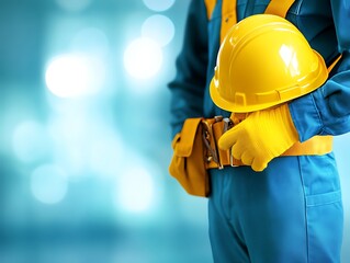 Builder with helmet, indoor, blurred background, construction