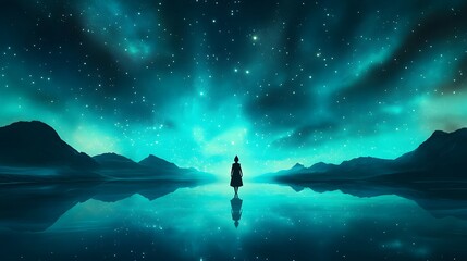 An enchanted lake reflecting the aurora borealis, with a mystical being standing on the water.