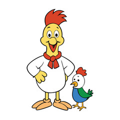 A heartwarming scene of a proud father rooster standing tall, with a small, fluffy baby chicken by his side. Symbolizing protection, love, and the bond between parent and child.