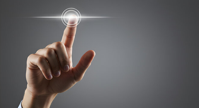 Light-Skinned Hand Interacting with Glowing Circular Holographic Interface