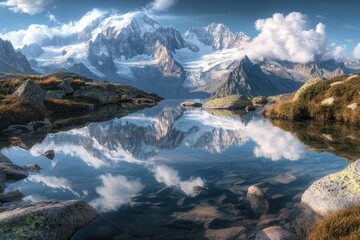 Serene alpine lake mirroring majestic peaks