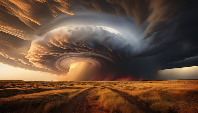 A giant supercell thunderstorm over an open prairie with swirling dark clouds. Semi-realistic scene emphasizing dramatic atmosphere, scale, and dynamic weather motion.
