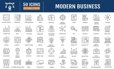 Modern business line editable icon set. Containing digital transformation, business agility, competitive advantage, business intelligence and more. Vector Illustration