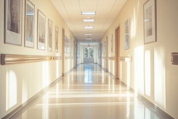 Fototapeta premium Empty hospital corridor, sunlit, clean, and modern