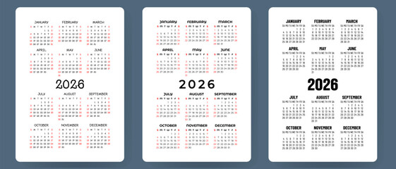 Calendar 2026 vector set. Pocket calender collection. Week starts on Sunday. Basic grid template for print