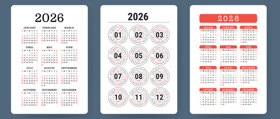 Calendar 2026. Colorful vector set. Pocket calender collection. Week starts on Sunday. Basic grid template for print