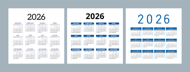 English calendar 2026 year set. Square vector pocket or wall calender design template bundle. Week starts on Sunday