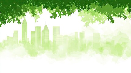 Green city skyline seen through foliage. Ideal for environmental and sustainable development themes