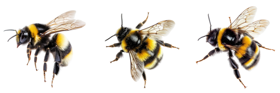A Set of Chubby Bumblebee with Soft Fuzzy Black and Yellow Stripes, Hovering with Tiny Beating Wings Isolated on Transparent Background