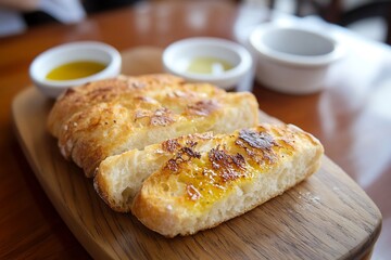 Freshly baked rustic bread served with a bowl of extra virgin olive oil