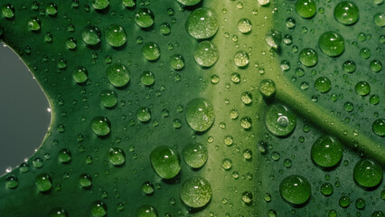 green leaf of a plant with dew drops close up