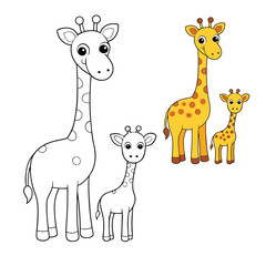 Fototapeta premium A heartwarming scene of a mother giraffe standing tall with her baby at her side. Their gentle bond captured in a peaceful, nurturing moment amidst the savannah.