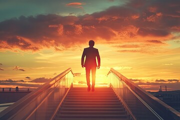 Silhouette of a man walking up stairs at sunset