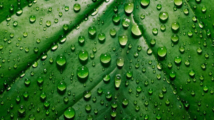 green leaf of a plant with dew drops close up
