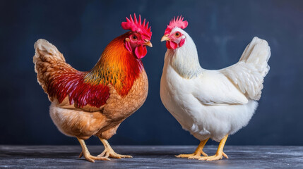 Fototapeta premium Vibrant rooster and white hen stand together, showcasing their unique colors and features