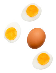 Top view set of raw brown chicken egg and cooked or boiled chicken eggs with egg yolk in three halves isolated on white background with clipping path