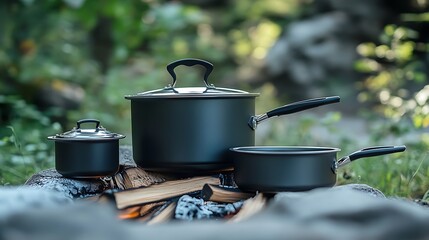 Camping set of aluminum cookware for cooking on a campfire