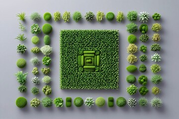A highly detailed QR code made entirely of small, intricate green plants and moss, forming a perfectly symmetrical square grid. 