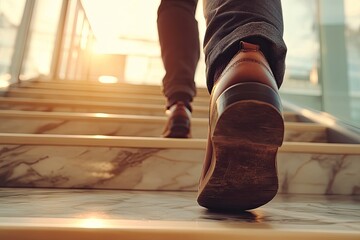 Businessman ascending stairs.  Sunlight highlights upward movement