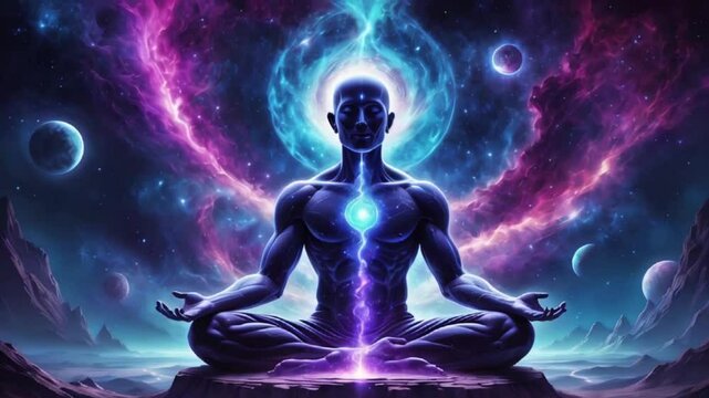 Meditating cosmic being with pulsating energy aura in space