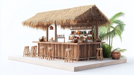Fototapeta premium Tropical bar with thatched roof, wooden structure, and palm plants, designed for leisure and relaxation in a beach setting.