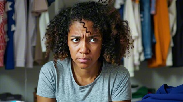 Young woman with curly hair looking frustrated while sorting through messy piles of clothes in a thrift store. Concept of overwhelming fashion choices, overconsumption and sustainability