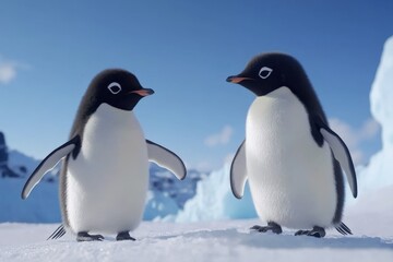 Obraz premium Two penguins interact on a snowy landscape under a clear blue sky in the Antarctic region during the day