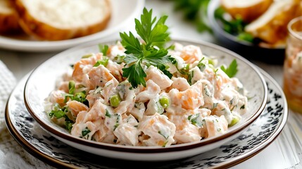 Canned fish salad in a plate on the dining table