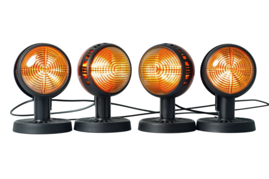 Warm glow of circular lights arranged in a row, casting soft rays in a simple indoor setting