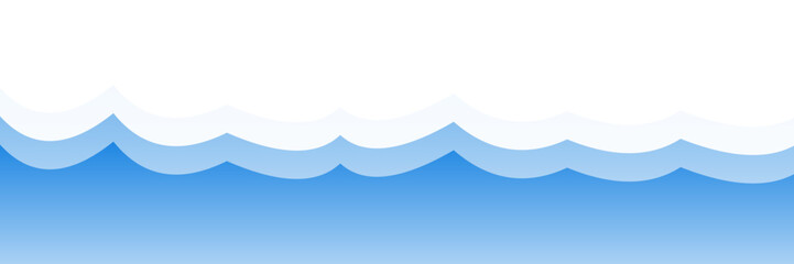 Simple illustration of stylized ocean waves in varying shades of blue, with a smooth white horizon above.