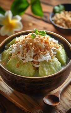 A beautifully styled bowl of Kue Cubir with sweet, soft green dough and coconut topping, golden light bringing out the rich texture