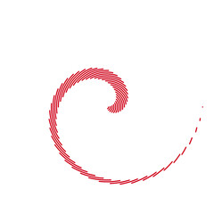 A stylized, spiraling red line that gradually fades into a curve, set against a white background.