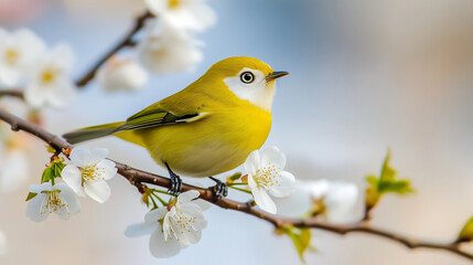 Naklejka premium Japanese White-eye Bird Amidst Blooming Plum Blossoms