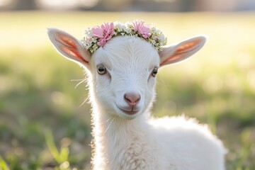 Fototapeta premium Cute goat with a flower crown enjoying a sunny day in a grassy field