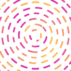 Concentric circles of vibrant pink and orange dashes radiating outward on a white background, creating a lively, playful pattern.