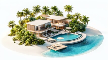 Fototapeta premium Modern tropical villa surrounded by palm trees, featuring a pool and spacious outdoor area, ideal for relaxation and leisure.