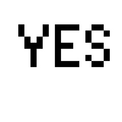 Black pixelated text on a white background displays the letters 