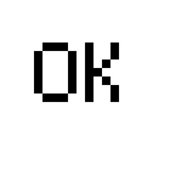 Black pixelated text on a white background displays the letters 