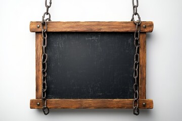 Obraz premium Rustic wooden chalkboard sign hanging on chains with a plain background