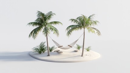 Obraz premium Serene tropical scene featuring palm trees, a hammock, and a sandy area, perfect for relaxation and leisure.