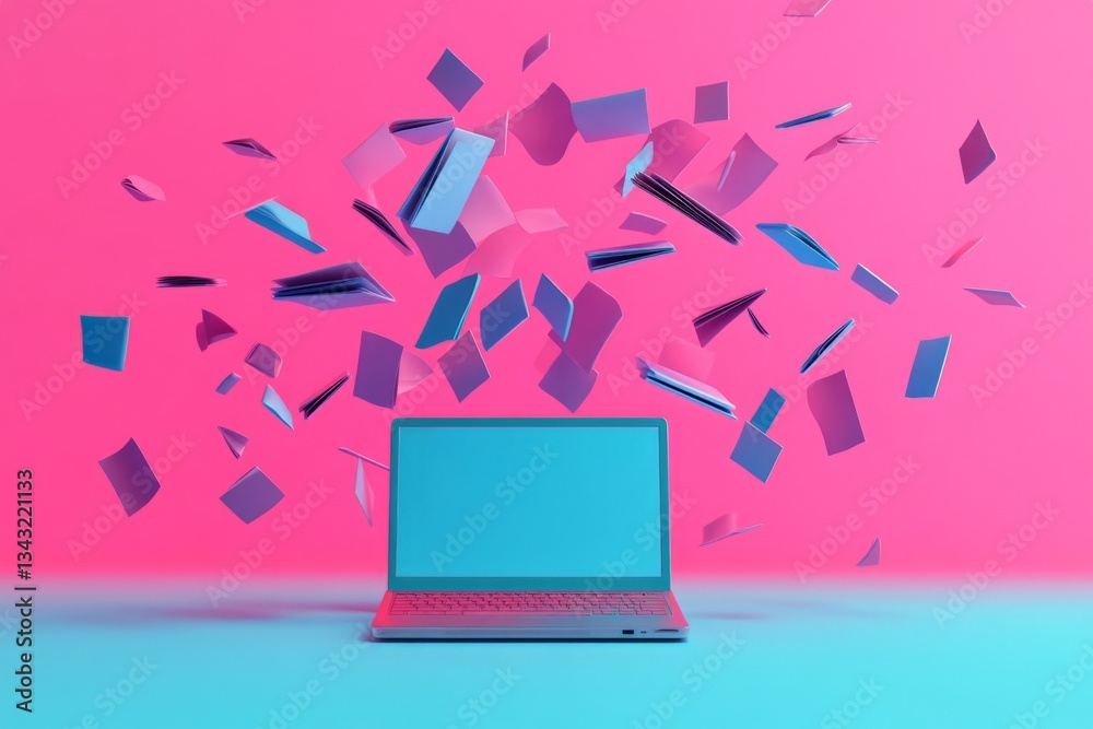Poster creative explosion of colorful books emerging from an open laptop against a vibrant pink background