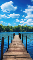 Fototapeta premium Lakeside dock extending into calm waters under a bright summer sky