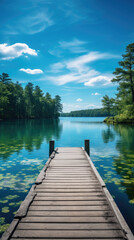 Summer tranquility at a serene lake dock with lush greenery