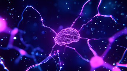 high-tech AI brain visualization in 3D, with luminous wireframe connections pulsating as vast amounts of data are analyzed. The animation represents machine learning, blockchain in