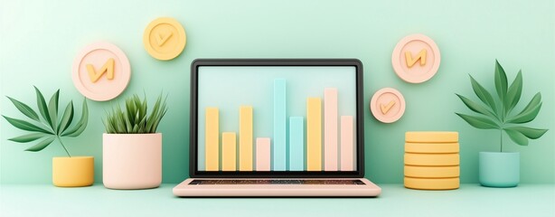 Minimal pastel artwork of a laptop displaying analytics and marketing trends, surrounded by soft floating data icons,workshop, technology