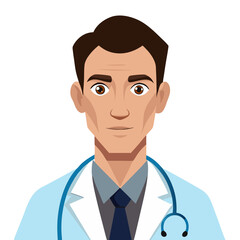 Fototapeta premium A man dressed in a light blue medical coat stands with a stethoscope around his neck. He has brown hair and an attentive expression, suggesting a caring demeanor in a professional environment