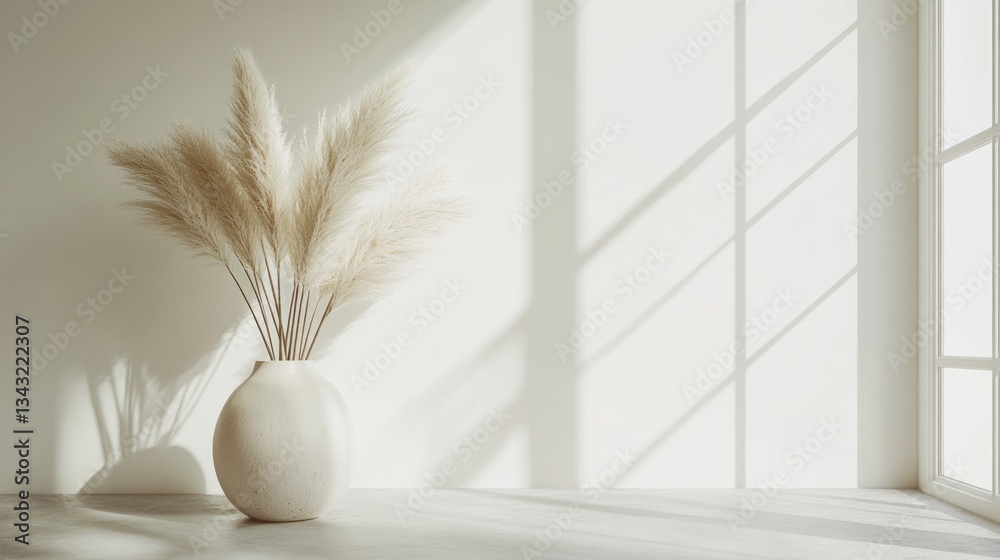 Poster soft sunlight pours through a wide window, casting gentle shadows on a blank wall and highlighting t