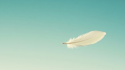 White feather floating in the wind against a clear blue sky, symbolizing freedom, purity, and tranquility in a minimalist and serene scene.