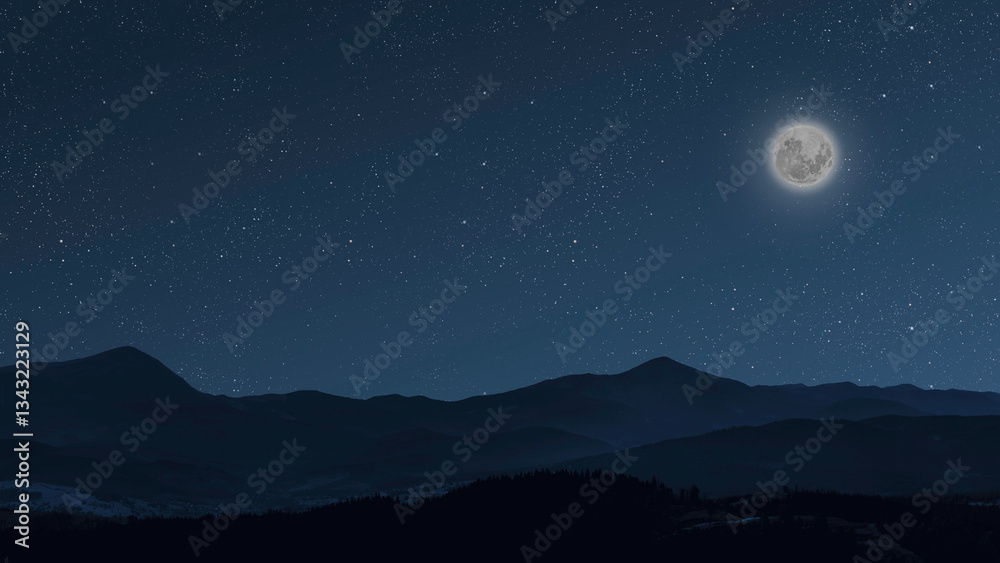 Wall mural a a movement of stars in the night sky with the view of mountains..
